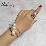 SINLEERY Wedding Jewelry Sets Big Pearl Multilayer Bracelet Bangle Rings Set For Women Silver Gold Color TZ198 SSP