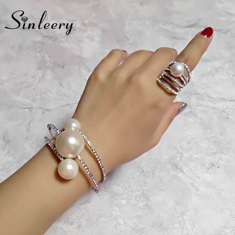 SINLEERY Wedding Jewelry Sets Big Pearl Multilayer Bracelet Bangle Rings Set For Women Silver Gold Color TZ198 SSP
