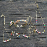 Stylish gold new rainbow crystal zircon rectangular geometric adjustable bracelet and women's fashion necklace jewelry gift