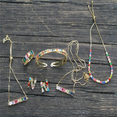 Stylish gold new rainbow crystal zircon rectangular geometric adjustable bracelet and women's fashion necklace jewelry gift