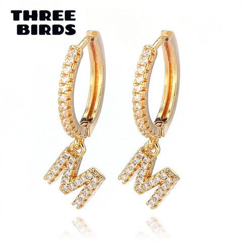 THREE BIRDS Trendy Zirconia Initial Letter Hoop Earrings Gold Silver Alphabet Drop earrings For Women Jewelry 2 Pcs orecchini
