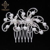 TREAZY Fashion Pearl Crystal Wedding Hair Jewelry Charm Floral Bridal Hair Combs Women Party Hairpins Wedding Hair Accessories