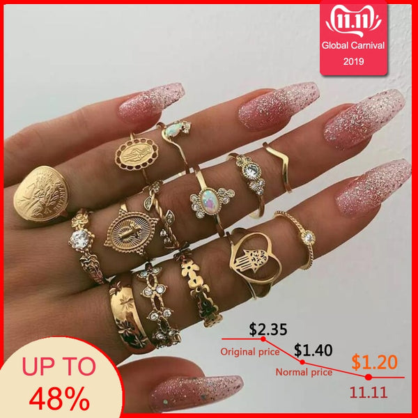 Tocona 15 Pcs/set Bohemia Rings for Women Fashion Heart Fatima Hands Virgin Mary Cross Leaf Hollow Geometric Kольцо Jewelry 7056