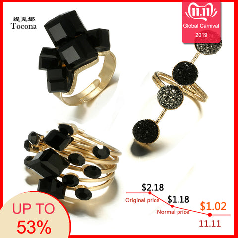 Tocona Vintage Antique Gold Black Rhinestone Opening Knuckle Finger Midi Rings Set for Women Punk Statement Jewelry
