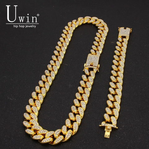 UWIN 2cm Miami Cuban Chain Necklace & Bracelet Set  Iced Out Crystal Rhinestone Gold Silver Hip Hop Jewelry For Gift