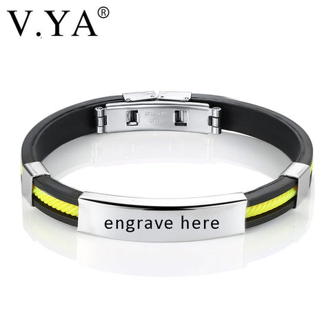 V.YA Punk Personalized Name ID Bracelets for Men DIY Custom Stainless Steel Engrave Bracelet for Male Silicone Jewelry Charms