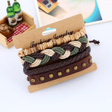 Vintage Handmade Feather Multilayer Leather Bracelet Sets Men Fashion Braiding Coffee Rope Wrap Bracelets & Bangles Male Gift