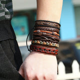 Vintage Handmade Feather Multilayer Leather Bracelet Sets Men Fashion Braiding Coffee Rope Wrap Bracelets & Bangles Male Gift