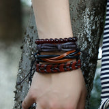 Vintage Handmade Feather Multilayer Leather Bracelet Sets Men Fashion Braiding Coffee Rope Wrap Bracelets & Bangles Male Gift