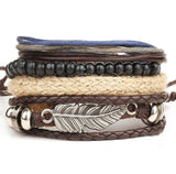 Vintage Handmade Feather Multilayer Leather Bracelet Sets Men Fashion Braiding Coffee Rope Wrap Bracelets & Bangles Male Gift