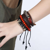 Vintage Handmade Feather Multilayer Leather Bracelet Sets Men Fashion Braiding Coffee Rope Wrap Bracelets & Bangles Male Gift