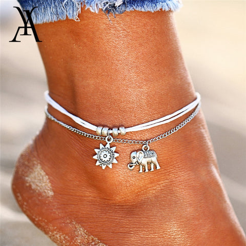 Vintage Multiple Layers Anklets For Women Retro Elephant Sun Pendant Foot Jewelry Barefoot Sandals Ankle Bracelet on the Leg New
