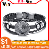 Vnox Lucky Vintage Men's Leather Bracelet Playing Cards Raja Vegas Charm Multilayer Braided Women Pulseira Masculina 7.87"