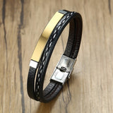 Vnox Multi Layer Leather Bracelets for Men Women Customizable Engraving Stainless Steel Bar Bangles Casual Personalized Pulseira