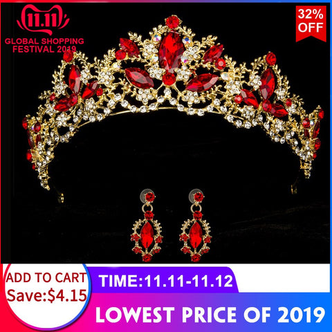 Wedding crown for women gold bridal tiara queen bride crown with earrings baroque headband princess prom hair Jewelry ornament