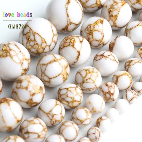 White Howlite Spun Gold Loose Stone Round Beads for Jewelry Making DIY Bracelet 15'' strand 4/6/8/10/12mm