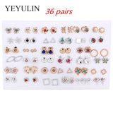 Wholesale 36Pairs/18pairs Mixed Styles Rhinestone Sun Flower Geometric Animal Plastic Stud Earrings Set For Women Girls Jewelry