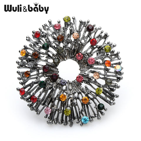 Wuli&baby Vintage Sparkling Multicolor Crystal Wrench Round Brooch Pins For Women Scarf Buckle Wedding Bouquet