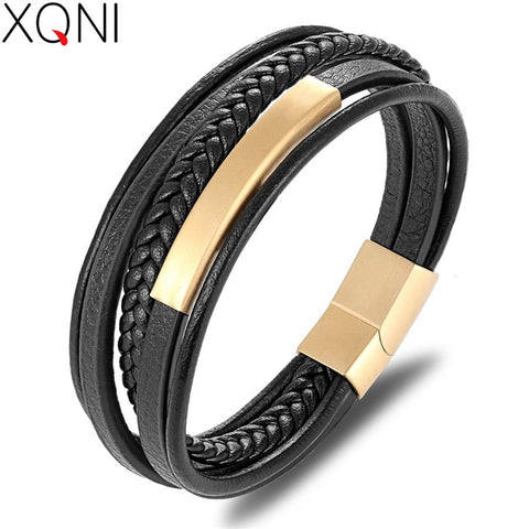 XQNI Wholesale Price Classic Genuine Leather Bracelet For Men Hand Charm Jewelry Multilayer Magnet Handmade Gift For Cool Boys