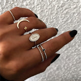 Yobest Bohemian Vintage Gold Crescent Geometric Joint Ring Set for Women Crystal Personality Design Ring Set Party Jewelry Gift