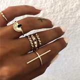 Yobest Bohemian Vintage Gold Crescent Geometric Joint Ring Set for Women Crystal Personality Design Ring Set Party Jewelry Gift