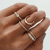 Yobest Bohemian Vintage Gold Crescent Geometric Joint Ring Set for Women Crystal Personality Design Ring Set Party Jewelry Gift