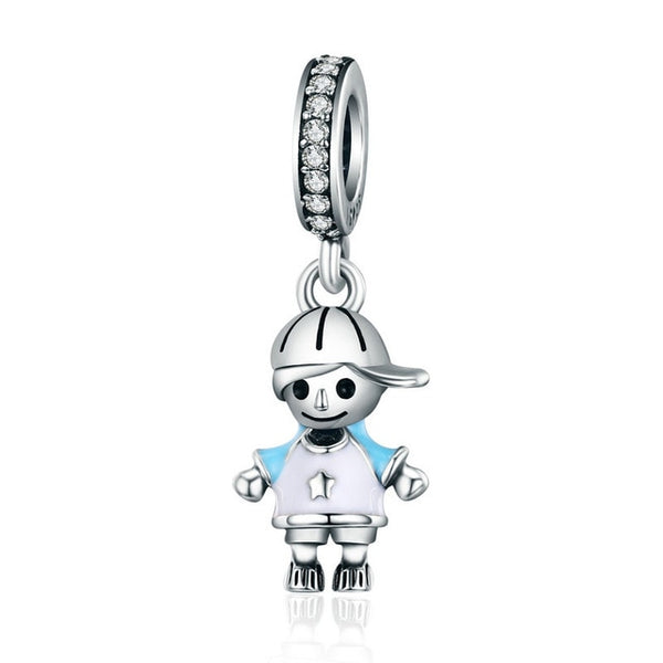 bamoer New 100% 925 Sterling Silver Couple Little Girl & Boy Pendant Charm fit Girls Charm Bracelet DIY Jewelry SCC544