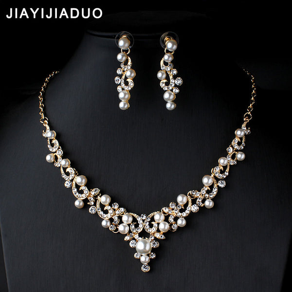 jiayijiaduo Crystal Bridal Jewelry Set Gold Color Imitation Pearl Rhinestone Women's Party Necklace Set Wedding Jewelry Direct